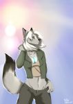  anthro blue_eyes breasts brown_body brown_fur canid canine clothed clothing collar female fox fur grey_body grey_fur hair hi_res mammal multicolored_body multicolored_fur open_mouth simple_background solo tashalisets two_tone_body two_tone_fur white_hair 