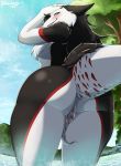  absurd_res anthro big_butt black_body blush butt clitoral_hood clitoris detailed_background female genitals hi_res hodalryong looking_back multicolored_body nude prehensile_clitoral_hood pupils pussy sergal sharp_teeth slit_pupils solo teeth water white_body 