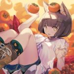 1girl animal_ear_fluff animal_ears arm_up autumn bangs banned_artist black_legwear black_shorts boots breasts brown_eyes brown_footwear brown_hair cat_ears commentary_request cross-laced_footwear eyebrows_visible_through_hair food food_on_head fruit holding holding_food holding_fruit kawasumi_(japonica) lace-up_boots leaf_print looking_at_viewer lying mandarin_orange object_on_head on_back open_mouth original print_legwear shirt short_hair short_shorts short_sleeves shorts small_breasts socks solo white_shirt 