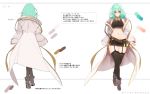  1girl ahoge bare_shoulders belt black_legwear black_shirt black_skirt blue_eyes boots breasts character_sheet coat collared_shirt crop_top crossed_legs from_behind full_body garter_straps green_eyes green_hair heterochromia highres large_breasts long_coat long_sleeves looking_at_viewer medium_hair midriff miniskirt mizunoto_seiryuu multicolored_hair navel off_shoulder open_clothes open_coat original shirt skirt sleeveless sleeveless_shirt sleeves_past_fingers sleeves_past_wrists solo standing stomach streaked_hair test_tube thighhighs thighs translation_request watson_cross white_coat zettai_ryouiki 
