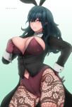  1girl absurdres animal_ears artist_name bangs black_jacket blue_background blue_eyes blue_hair blush breasts brown_legwear bunny_ears byleth_(fire_emblem) byleth_(fire_emblem)_(female) cleavage clothing_cutout commentary cowboy_shot eyebrows_behind_hair fake_animal_ears fire_emblem fire_emblem:_three_houses framed_breasts gradient gradient_background hair_between_eyes hand_on_hip highres jacket large_breasts leotard long_hair long_sleeves looking_at_viewer navel navel_cutout pantyhose parted_lips patterned_clothing playboy_bunny purple_leotard sidelocks simple_background solo standing strapless strapless_leotard waistcoat wrist_cuffs zelc-face 