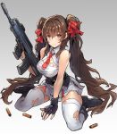  1girl assault_rifle bare_shoulders boots brown_hair bullpup eyebrows_visible_through_hair fingerless_gloves frown girls_frontline gloves gun hair_between_eyes hair_ribbon long_hair looking_at_viewer necktie pleated_skirt qbz-97 qbz-97_(girls_frontline) red_neckwear ribbon rifle shell_casing shirt sitting skirt solo takahito thighhighs torn_clothes torn_legwear torn_shirt twintails very_long_hair wariza weapon white_legwear white_shirt white_skirt yellow_eyes 
