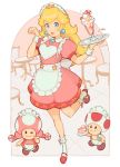  1girl alternate_costume apron back_bow blonde_hair blue_eyes bow cake cake_slice chair clenched_hand clogs dress earrings floor food frilled_apron frills hand_up heart jewelry jivke looking_at_viewer maid maid_apron maid_dress maid_headdress mario_(series) milkshake one_eye_closed princess_peach socks spoon star_(symbol) super_mario_bros. table tile_floor tiles toad toadette tray wrist_cuffs 