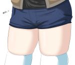  1girl aikir_(jml5160) black_shirt denim denim_shorts girls_und_panzer highres kay_(girls_und_panzer) legs shirt shorts skindentation solo thighhighs twitter_username white_legwear 