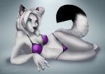  absurd_res anthro bikini black_body black_fur blue_eyes breasts canid canine claws clenched_teeth clothed clothing ear_piercing fangs female fluffy fluffy_tail fox fur hair hi_res mammal nipple_outline open_mouth open_smile partially_clothed piercing simple_background smile solo swimwear tashalisets teeth white_body white_fur white_hair 