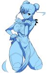  1girl blue_theme bracelet breasts brown_eyes bun_cover chinese_clothes chun-li double_bun dress highres jewelry looking_at_viewer nac000 short_hair simple_background solo spiked_bracelet spikes street_fighter street_fighter_ii_(series) thighhighs white_background 