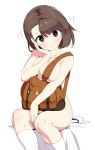  1girl asymmetrical_bangs backpack bag bangs blush breast_squeeze breasts brown_eyes brown_hair closed_mouth flying_sweatdrops gloria_(pokemon) hand_on_own_cheek large_breasts nude pokemon pokemon_(game) pokemon_swsh simple_background sitting solo thighhighs tottotonero white_background white_legwear 
