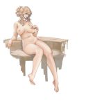  1girl bangs bare_shoulders barefoot breasts cleavage collarbone hair_between_eyes hand_on_own_chest large_breasts navel nipples nude open_mouth pinching plump saint_george_(warship_girls_r) sidelocks simple_background sitting solo warship_girls_r windforcelan 