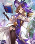  1girl black_gloves black_legwear blush book breasts brown_hair dress electricity genshin_impact gloves green_eyes hat hat_belt highres lightning lisa_(genshin_impact) long_hair looking_at_viewer mage multicolored multicolored_clothes multicolored_dress smile solo thighhighs witch witch_hat 