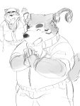  2020 3:4 anthro blush bottomwear canid canine canis clothing domestic_dog eyes_closed headphones hi_res kemono kipchin_2nd00 live-a-hero male mammal mokdai monochrome overweight overweight_anthro overweight_male pants simple_background sketch solo video_games white_background 