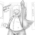  1:1 2020 anthro belly bottomwear canid canine canis clothing domestic_dog hi_res humanoid_hands k_gutless kemono male mammal monochrome moritaka overweight overweight_anthro overweight_male pants scar shirt solo text tokyo_afterschool_summoners topwear video_games weapon 