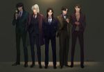 5boys adjusting_clothes alternate_hairstyle bangs black_footwear black_hair bow bowtie brothers brown_background clenched_teeth coat collared_shirt contemporary crescent facial_mark flower forehead_mark formal frown green_neckwear grin hand_in_pocket hand_up hands_in_pockets high_ponytail highres holding holding_flower inuyasha inuyasha_(character) jacket kohaku_(inuyasha) legs_apart lineup long_hair looking_at_viewer low_ponytail miroku_(inuyasha) mmmilk multiple_boys naraku_(inuyasha) necktie pants pointy_ears ponytail red_coat red_hair rose sesshoumaru shirt shoes siblings signature smile standing suit t-shirt teeth white_flower white_hair white_rose white_shirt wing_collar 