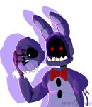 2019 animatronic anthro armless black_nose bonnie_(fnaf) bow button_(fastener) ebony-hybrid249 faceless fingers five_nights_at_freddy&#039;s grey_body hi_res lagomorph leporid machine male mammal purple_body rabbit red_eyes robot signature simple_background solo standing teeth video_games white_background withered_bonnie_(fnaf) 