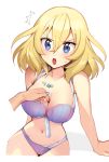  /\/\/\ 2girls andou_(girls_und_panzer) angry arm_behind_back bangs blonde_hair blue_bra blue_eyes blue_nails blue_panties bra breasts cleavage commentary cropped_legs dark_skin eyebrows_visible_through_hair finger_between_breasts frown girls_und_panzer large_breasts looking_at_viewer medium_hair messy_hair multiple_girls nail_polish navel open_mouth oshida_(girls_und_panzer) out_of_frame panties simple_background skindentation solo_focus standing sweatdrop tan3charge underwear underwear_only v-shaped_eyebrows white_background 