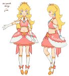  1girl alternate_costume blonde_hair blue_eyes bracelet crown dress earrings gloves gold_trim idol jewelry jivke kneehighs looking_at_viewer mario_(series) midriff navel princess_peach reference_sheet ribbon star_(symbol) starman_(mario) stomach strapless strapless_dress super_mario_bros. white_background white_gloves 