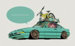  bicycle bmw bmw_850i car dice driving english_text flat_color grey_background ground_vehicle highres left-hand_drive looking_ahead motor_vehicle original red_eyes red_hair rikona simple_background skateboard speech_bubble supreme 