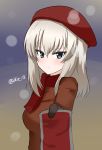  1girl absurdres aikir_(jml5160) alternate_costume blue_eyes blurry blush bokeh brown_gloves depth_of_field girls_und_panzer gloves grey_hair hair_between_eyes hat highres itsumi_erika looking_at_viewer medium_hair red_scarf scarf snow solo upper_body winter_clothes 