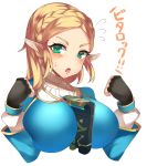  1girl alternate_breast_size between_breasts blonde_hair blush braid breasts crown_braid fingerless_gloves gloves green_eyes highres huge_breasts looking_at_viewer open_mouth pointy_ears princess_zelda sheikah_slate sweatdrop tagme tea_texiamato the_legend_of_zelda the_legend_of_zelda:_breath_of_the_wild white_background 