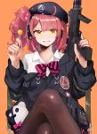  1girl candy commission food girls_frontline gun h&amp;k_mp7 highres iitenkidesune lollipop mp7_(girls_frontline) off_shoulder pantyhose red_hair red_nails short_hair skeb_commission solo submachine_gun weapon yellow_eyes 