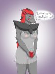  3:4 anthro blush breasts clothing dialogue dress english_text female genitals hi_res nintendo nipples pok&eacute;mon pok&eacute;mon_(species) pussy shy simple_background solo text translucent translucent_clothing translucent_dress video_games waterinacup zoroark 