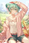  1girl ;3 absurdres alternate_hairstyle apple arm_at_side arm_up baguette basket bite_mark blanket blouse blue_shorts blush bread cherry chinese_commentary cloud day double_bun earrings floral_print flower flower_earrings food frills fruit grass grasslands green_eyes green_hair hair_flower hair_ornament hair_ribbon hatsune_miku highres holding holding_food jewelry long_sleeves looking_at_viewer midriff_peek mountainous_horizon nature navel off_shoulder one_eye_closed open_clothes open_shirt outdoors picnic picnic_basket popsicle print_shorts red_flower red_shirt ribbon shading_eyes shirt shorts sitting sky smile striped striped_shirt sunlight tree vocaloid watermelon_bar white_blouse white_flower xuanli 