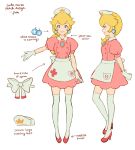  1girl alternate_costume alternate_hairstyle blonde_hair blue_eyes bow buttons cross crown earrings english_text gem gloves high_heels jewelry jivke looking_at_viewer looking_to_the_side mario_(series) peter_pan_collar ponytail princess_peach simple_background skirt super_smash_bros. thighhighs white_background 