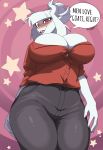  absurd_res anthro big_breasts blush bovid breasts caprine cleavage cleavage_overflow clothed clothing dialogue english_text female goat goat_lucifer_(helltaker) hair helltaker hi_res hodalryong mammal red_eyes simple_background solo text white_body white_hair 