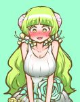  1girl bangs bare_shoulders blunt_bangs blush breasts cleavage dress flower frilled_skirt frills green_eyes green_hair gyu_(kgh9081) highres large_breasts long_hair looking_down mairimashita!_iruma-kun open_mouth sharp_teeth sidelocks skirt sweat teeth valac_clara white_dress 