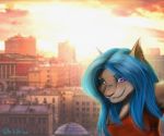  anthro blue_hair breasts brown_body brown_fur clothing detailed_background felid feline female fur hair heterochromia mammal open_mouth open_smile orange_eyes purple_eyes smile solo tashalisets teeth 