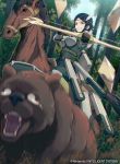  40hara angry arrow_(projectile) bear black_eyes black_hair boobplate bow_(weapon) breastplate circlet feathers fire_emblem fire_emblem_awakening fire_emblem_cipher gloves green_shirt highres horse noire_(fire_emblem) official_art outdoors pants scared shirt teeth undershirt weapon 