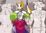  anthro big_breasts blue_eyes blush braided_hair breasts clothed clothing dragon felid feline female group hair hi_res hodalryong huge_breasts larger_female male male/female mammal mature_female nabi_(hodalryong) on_glass size_difference smaller_male striped_body stripes 