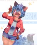  2020 anthro black_body black_fur black_hair blue_body blue_eyes blue_hair bottomwear brand_new_animal brown_body brown_fur bunsbuni canid canine clothed clothing facial_markings female fluffy fluffy_tail fur gesture gloves_(marking) hair head_markings jacket mammal markings mask_(marking) michiru_kagemori multicolored_body multicolored_eyes multicolored_fur multicolored_hair one_eye_closed open_clothing open_jacket open_topwear pink_eyes portrait raccoon_dog short_hair shorts smile studio_trigger tanuki three-quarter_portrait topwear v_sign wink 