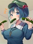  1girl absurdres bangs blue_eyes blue_hair blue_shirt breasts collared_shirt commentary_request covered_nipples cucumber eyebrows_visible_through_hair flat_cap food food_in_mouth frilled_shirt_collar frills green_headwear hair_between_eyes hair_bobbles hair_ornament hat highres holding holding_food kawashiro_nitori key large_breasts long_sleeves looking_at_viewer mamemochi notice_lines sexually_suggestive shirt short_hair short_twintails sidelocks solo touhou twintails upper_body 