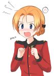  1girl absurdres aikir_(jml5160) anger_vein blue_eyes blush braid breasts clenched_hand commentary french_braid girls_und_panzer highres nose_blush orange_hair orange_pekoe_(girls_und_panzer) small_breasts solo spoken_anger_vein st._gloriana&#039;s_military_uniform twitter_username upper_body 