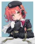  1girl ahoge bangs beret black_jacket bow bowtie candy chin_rest ear_protection expressionless food fur_trim girls_frontline hair_bobbles hair_ornament hat jacket kawara_pigeon lollipop long_sleeves looking_at_viewer mp7_(girls_frontline) off_shoulder one_side_up red_hair solo yellow_eyes 