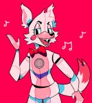 2020 5_fingers ambiguous_gender animatronic anthro canid canine claws eyeshadow fingers five_nights_at_freddy&#039;s fox funtime_foxy_(fnafsl) half-closed_eyes head_tuft hi_res lipstick machine makeup mammal musical_note narrowed_eyes pink_body red_background robot roomfoam sharp_teeth simple_background sister_location speaker standing teeth tuft video_games white_body 