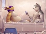  2018 anthro bathroom bathtub beard beenic black_nose blonde_hair canid canine canis desktop_dragon domestic_dog dragon duo eyewear facial_hair fur glasses grey_body grey_fur hair husky male male/male mammal multicolored_body multicolored_fur muscular muscular_male nordic_sled_dog nurinaki purple_hair spitz two_tone_body two_tone_fur water wet white_body white_fur yellow_body yellow_eyes 