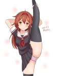  ame-san black_legwear brown_eyes brown_hair dated headband highres kantai_collection long_hair panties pantyshot pink_panties school_uniform serafuku shiratsuyu_(kantai_collection) simple_background split standing standing_on_one_leg standing_split thighhighs twitter_username underwear 