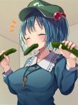  1girl absurdres bangs blue_hair blue_shirt breasts closed_eyes collared_shirt commentary_request covered_nipples cucumber eyebrows_visible_through_hair flat_cap food food_in_mouth frilled_shirt_collar frills green_headwear hair_between_eyes hair_bobbles hair_ornament hat highres holding holding_food kawashiro_nitori key large_breasts long_sleeves looking_at_viewer mamemochi notice_lines sexually_suggestive shirt short_hair short_twintails sidelocks solo touhou twintails upper_body 