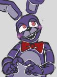  animatronic anthro black_nose blush bonnie_(fnaf) buckteeth fingers five_nights_at_freddy&#039;s grey_background hi_res imtrippingdude lagomorph leporid long_ears looking_aside machine mammal open_mouth pink_eyes purple_body purple_inner_ear rabbit ribbons robot simple_background smile solo teeth video_games 