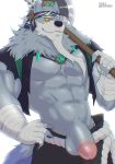  2020 5_fingers abs absurd_res anthro balls beard biceps black_nose bottomwear canid canine canis chest_tuft clothed clothing facial_hair fingers fur genitals grey_body grey_fur hand_wraps hi_res holding_axe humanoid_genitalia humanoid_hands humanoid_penis law_(sdorica_sunset) male mammal muscular muscular_anthro muscular_male open_clothing open_shirt open_topwear pecs penis poking_out repairdog sdorica sdorica_sunset shirt signature simple_background solo topwear tuft white_background wolf wraps yellow_sclera 