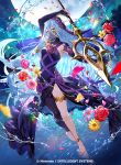  1girl anklet azura_(fire_emblem) barefoot black_dress black_veil blue_hair dress elbow_gloves fire_emblem fire_emblem_cipher fire_emblem_fates flower fuzichoco gloves holding holding_weapon jewelry long_hair moon mouth_veil official_art outdoors polearm purple_ribbon ribbon single_leg_pantyhose spear walkie-talkie water_drop weapon yellow_eyes 