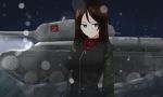  1girl aikir_(jml5160) arms_at_sides blue_eyes blurry bokeh breasts brown_hair cowboy_shot depth_of_field emblem expressionless girls_und_panzer ground_vehicle highres is-2 large_breasts long_hair looking_at_viewer military military_vehicle motor_vehicle night nonna_(girls_und_panzer) pravda_(emblem) pravda_school_uniform school_uniform snow solo tank upper_body 