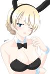  1girl absurdres aikir_(jml5160) alternate_costume animal_ears arm_under_breasts bangs bare_shoulders blonde_hair blush braid breasts bunny_ears bunny_girl cleavage_reach darjeeling_(girls_und_panzer) detached_collar french_braid girls_und_panzer highres looking_at_viewer medium_breasts one_eye_closed open_mouth solo swept_bangs upper_body wrist_cuffs 