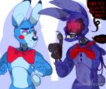  2020 4_fingers ? absurd_res animatronic anthro blue_body blue_fur blue_pawpads bonnie_(fnaf) buckteeth button_(fastener) claws duo ebony-hybrid249 english_text eyebrows eyeshadow faceless fingers five_nights_at_freddy&#039;s five_nights_at_freddy&#039;s_2 freckles fur glowing glowing_eyes green_eyes grey_body grey_claws head_tuft hi_res lagomorph leporid long_ears machine makeup mammal pawpads purple_body purple_fur rabbit red_cheeks red_eyes ribbons robot sharp_teeth small_tail teeth text toy_bonnie_(fnaf) tuft video_games white_claws withered_bonnie_(fnaf) 
