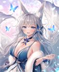  1girl :d animal_ear_fluff animal_ears azur_lane bangs bare_shoulders blue_butterfly blue_dress blue_eyes blurry blush breasts choker cleavage covered_nipples depth_of_field dress feather_boa fox_ears fox_girl fur glowing grey_hair hair_ornament highres jewelry large_breasts light_particles long_hair looking_at_viewer multiple_tails open_mouth pendant ribbon sash shannon_(chiffonx) shawl shinano_(azur_lane) shinano_(light_of_the_hazy_moon)_(azur_lane) sleeveless sleeveless_dress smile solo tail upper_body wrist_ribbon 