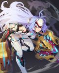  2girls android bare_shoulders breasts energy_weapon forehead_protector gloves grey_background highres hwoking kos-mos kos-mos_re: leaning_forward long_hair looking_at_viewer medium_breasts multiple_girls purple_eyes red_eyes scythe simple_background solo_focus t-elos t-elos_re: thighhighs very_long_hair weapon xenoblade_chronicles_(series) xenoblade_chronicles_2 xenosaga 