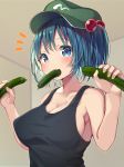  1girl absurdres armpit_peek bangs black_tank_top blue_eyes blue_hair breasts collarbone commentary_request covered_nipples cucumber eyebrows_visible_through_hair flat_cap food food_in_mouth green_headwear hair_between_eyes hair_bobbles hair_ornament hat highres holding holding_food kawashiro_nitori large_breasts looking_at_viewer mamemochi notice_lines sexually_suggestive short_hair short_twintails sideboob sidelocks sleeveless solo tank_top touhou twintails upper_body 