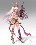  1girl absurdres animal_ears blonde_hair blue_eyes breasts bunny_ears english_commentary fake_animal_ears floating_hair gun highres holding holding_gun holding_weapon horong long_hair looking_at_viewer mechanical_ears midriff navel open_mouth original rifle small_breasts solo standing thigh_strap two_side_up weapon white_hair 