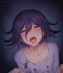  1boy bangs black_hair blush collarbone commentary_request crying crying_with_eyes_open cum cum_in_mouth danganronpa ewa_(seraphhuiyu) hair_between_eyes hands_up highres jacket long_sleeves looking_at_viewer male_focus new_danganronpa_v3 open_mouth ouma_kokichi purple_eyes purple_hair saliva short_hair solo straitjacket tears white_jacket 